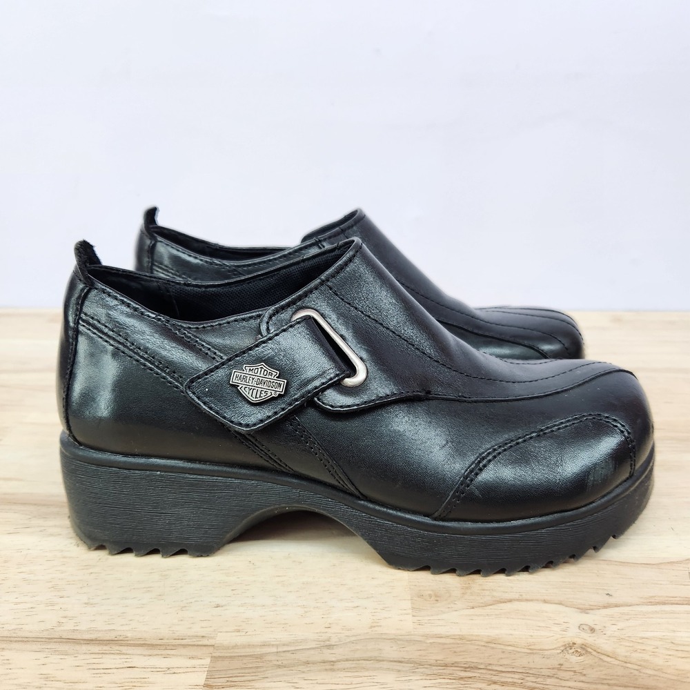 Harley Davidson Buckle Loafer Black Leather Slip On Shoes Womens 8 Motorcycle